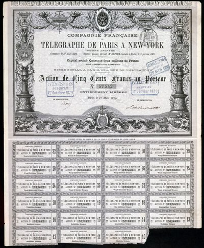 Telegraphie, General Paris-New York Telegraph Aktienzertifikat, 27. März 1879 von Unbekannt