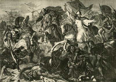 Der Bischof von Regensburg in der Schlacht von Augsburg, Schlacht am Lechfeld 955, 1890 von Unbekannt