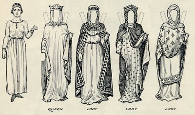 Die große Galerie der britischen Kostüme: Verschiedene Kleider aus der normannischen Zeit, ca. 1934 von Unbekannt