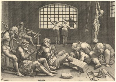 Das Gefängnis, eine Gruppe von Männern in einem Kerker, gefesselt in Ketten und Fesseln, rechts eine Figur.... von Unbekannt