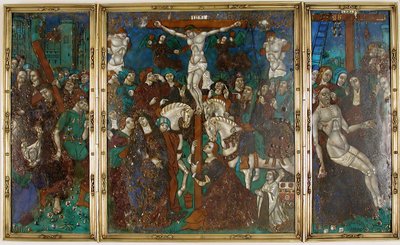 Triptychon mit dem Weg nach Golgatha, Kreuzigung und Abnahme vom Kreuz, Französisch, 16. Jahrhundert von Unbekannt