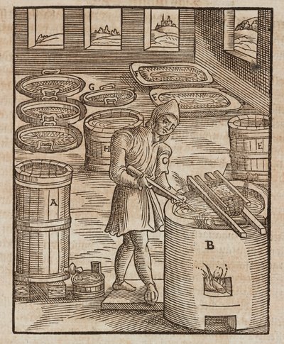 Ein Mann testet Salpeter, verwendet in Schießpulver und zur Konservierung von Fleisch - Gravur aus Beschreibung der Erze und der wichtigsten Bergbaumethoden, von Lazarus Ecker von Unbekannt