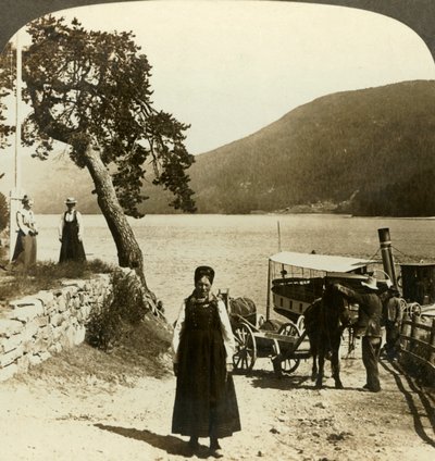 Wenn der Dampfer am Pier von Tinoset anlegt - Blick über den Tinsjo zu den Hügeln, Norwegen, um 1905 von Unbekannt
