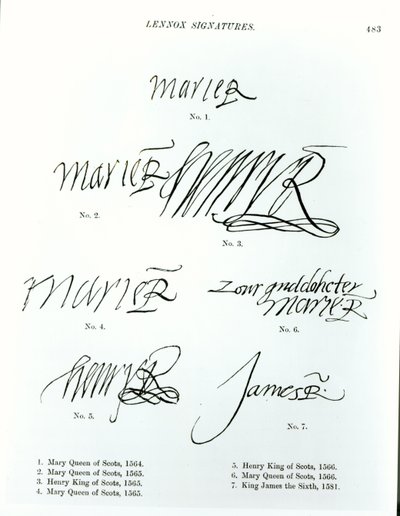 Unterschriften von Maria Stuart, Heinrich König von Schottland und Jakob VI. von Schottland von Unbekannt Unbekannt