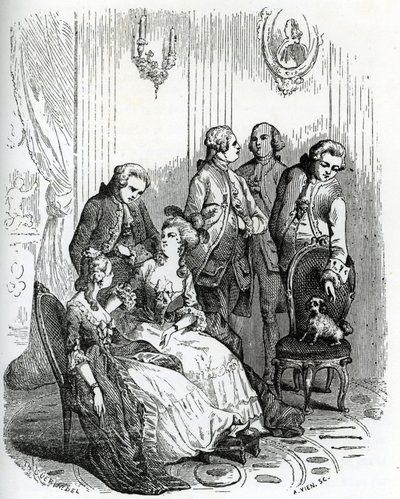 Ein Abend im Schloss von Vaux-le-Vicomte zur Zeit von König Ludwig XV. (1710-1774). 19. Jahrhundert (Gravur aus „Mysteres des vieux chateaux de France“ von Le Francois) von Unbekannter Künstler