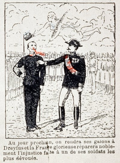 Armee verleiht Kapitän Dreyfus Streifen, ca. 1906 (Zeichnung) von Unbekannter Künstler