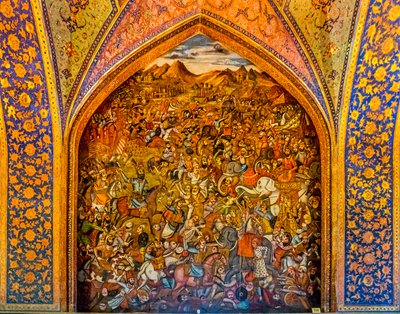 Schlacht von Tschaldiran gegen den Osmanen Selim I. 1514, Fresken mit höfischen Szenen und Kampfszenen, Chehel Sotoun Palast, Isfahan, Iran, Asien (Foto) von Unbekannter Künstler