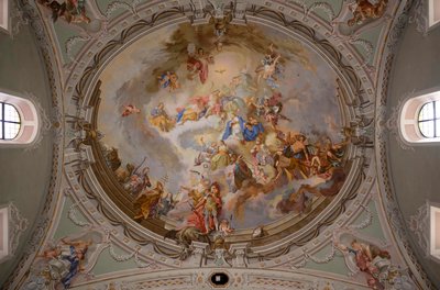 Deckenmalerei, Innenaufnahme, St. Georg Katholische Pfarrkirche, Neustift, Stubaital, Tirol, Österreich von Unbekannter Künstler