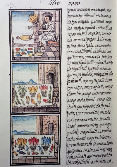 Federverarbeitung nach der spanischen Eroberung, Seite aus dem Florentiner Kodex, zweisprachige Version in Spanisch und Nahuatl, Allgemeine Geschichte der Dinge von Neuspanien, von Fray Bernardino de Sahagun von William M. Timlin