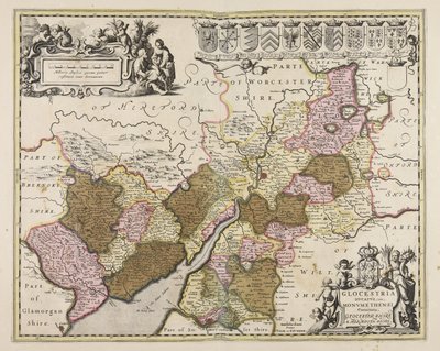Glocestria ducatus cum Monumethensi comitatu = Glocester Shire & Monmouth Shire von Unbekannter Künstler