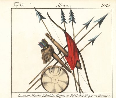 Guinee Conakry Waffen, Speere, Keulen, Bogen und Pfeile im Köcher, Schild. Lithographie aus dem Buch: „Galerie complète en tableaux fidèles des peuples d