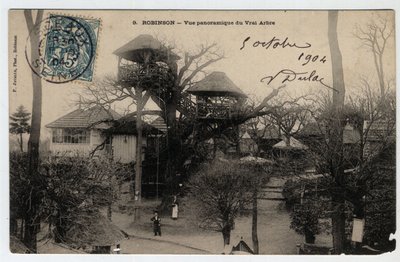 Île de France, Hauts de Seine (92), Le Plessis Robinson (Le Plessis-Robinson): Panoramablick auf den „True Arbre“, eine Guinguette, die auf der Spitze einer Kastanie installiert ist - Postkarte datiert 1904 von Unknown