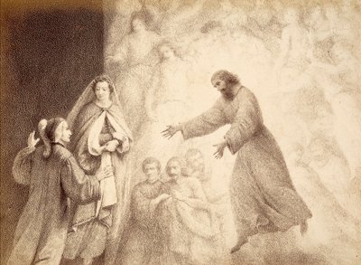 Im Mars-Sphäre trifft Dante den Geist seines Vorfahren Cacciaguida. Illustration von Canto XV in Paradiso der Göttlichen Komödie von Dante Alighieri. Werk von Francesco Scaramuzza, gewidmet der Gemeinde Florenz. von Unbekannter Künstler