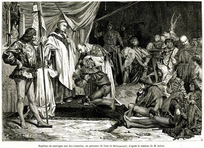 Jean de Bethencourt, normannischer Edelmann, Baron de Saint Martin le Gaillard, eroberte und christianisierte die Kanarischen Inseln im Januar 1405, aus der Zeitschrift "Sur terre et sur mer" Nr. 28, 8. Januar von Unbekannter Künstler