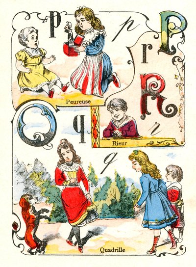 Buchstaben P Q und R wie ängstlich, Lachen und Quadrille. Gravur in „Spaßalphabet“. Bild von Pont-à-Mousson. Druck und Verlag Louis Vagne, Ende des 19. Jahrhunderts von Unbekannt