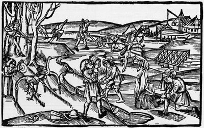 Leben auf dem Land im Mittelalter aus einer Gravur des 16. Jahrhunderts, veröffentlicht 1931 von Unbekannter Künstler