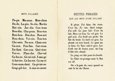 Wörter, Silben und kleine Sätze mit einsilbigen Wörtern - Gravur aus ABCD der kleinen Mädchen. Pellerin & Cie, Drucker-Verleger, Epinal, um 1890. Serie A. Maße: 19 x 13,5 cm. von Unbekannt