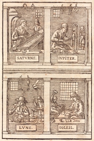 Goldschmiedekunst und alchemistische Symbole: Saturn und Blei, Jupiter und Zinn, der Mond und Silber, die Sonne und Gold von Unbekannt