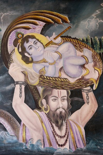 Gemälde in Gokul: Krishna als Baby, das von Vasudeva über den Yamuna-Fluss getragen wird. Indien von Unbekannt