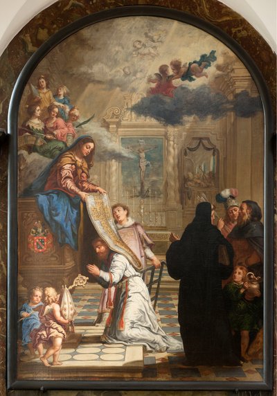 Pfarrkirche Onze-Lieve-Vrouw. Innenansicht. Unsere Liebe Frau überreicht eine Kasel an den Heiligen Ildefonsus. von Unbekannter Künstler