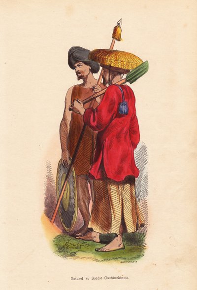 Bauer und Soldat aus Cochinchina (Vietnam) - Männer aus Vietnam (Cochinchina): Soldat mit Turban, Schild und Speer und Bauer mit Strohhut, Tunika und Schaufel - Handkolorierter Holzschnitt von Mercier aus „Moeurs, Uses et Costumes de tous les Peuples du Mo von Unbekannter Künstler