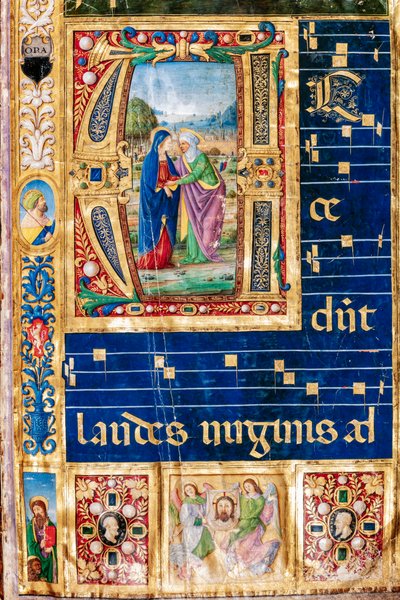 Piccolomini-Bibliothek: Chorbuch, cod. 14.P., ff. 2r mit „Mariä Heimsuchung“ (Detail) von Unbekannter Künstler