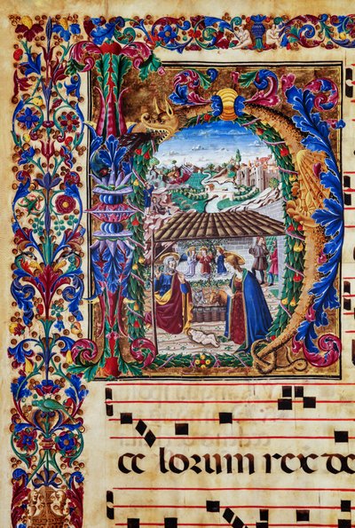 Piccolomini-Bibliothek: Chorbuch, Cod. 2.B, ff. 5v mit „Geburt Christi“, von Florentiner Illuminator. (Detail) von Unbekannter Künstler
