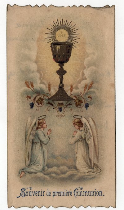 Andachtsbild: zwei Engel beten vor einem Kelch, aus dem eine Hostie mit dem JHS-Christogramm hervorgeht - Bild zur Erstkommunion 1925 von Unbekannt