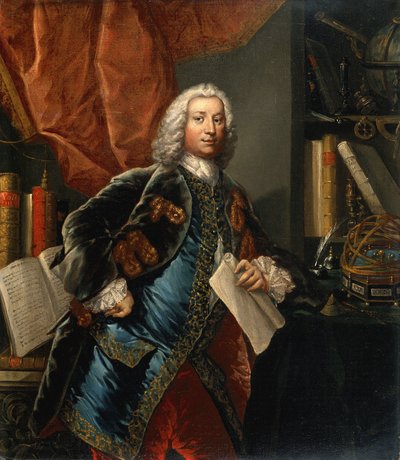 Porträt eines Gentlemans in seinem Arbeitszimmer mit wissenschaftlichen Instrumenten, um 1750 von Unbekannter Künstler