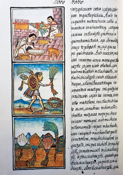 Federverarbeitung, Text in Nahuatl, aus Faksimile des Manuskripts Allgemeine Geschichte der Dinge von Neuspanien, auch bekannt als Florentiner Kodex, von Bernardino de Sahagun von William M. Timlin