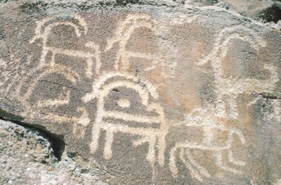 Felszeichnungen im Hunza-Tal, nahe dem archäologischen Gebiet von Karimabad, Pakistan von Benjamin Baud