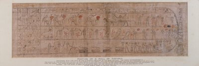 Abschnitt eines Papyrus mit kursiven Hieroglyphen mit dem Text des elften Abschnitts des Buches von Amtuat, der die Geburt des Sonnengottes in den Himmel bei Tagesanbruch beschreibt, gefunden im Sockel einer hölzernen Ptah-Sokar-Osiris-Figur von Unbekannt