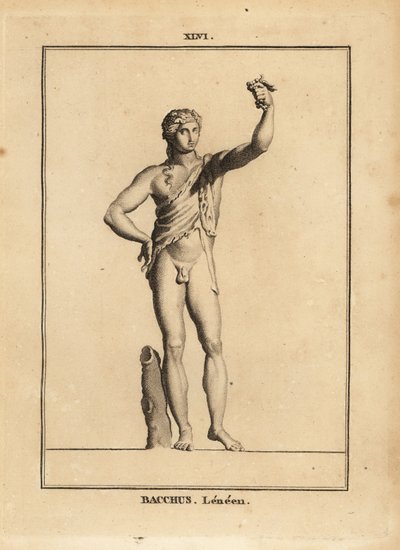 Statue des Bacchus Lenaios, römischer Weingott, nackt bis auf ein Löwenfell, drückt eine Traube von Unbekannt