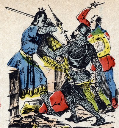 Die Schlacht von Taillebourg zwischen dem König von Frankreich Ludwig IX. und seinem Bruder, dem Grafen von Poitiers Alphonse, gegen die Waffen ihrer aufständischen Vasallen, Heinrich III. von England und Hugues X. von Lusignan. Epinal-Bild 19. Jahrhundert von Unbekannter Künstler