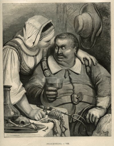 Der kleine Pouket: der Oger und seine Frau nach dem Essen. Gravur von Gustave Doré (1832-1883) aus „Les contes“ von Charles Perrault (1628-1703) von Unbekannt