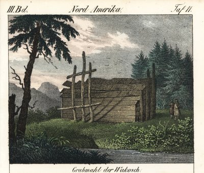 Das Holztotenmal der Wakashan-Indianer (Kanada). Lithographie aus dem Buch: „Galerie complète en tableaux fidèles des peuples d