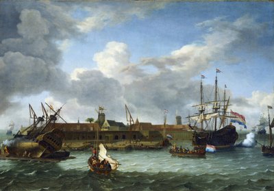 Die Insel Onrust vor der Küste von Batavia (heute Jakarta, Indonesien), ausgestattet mit allen notwendigen Infrastrukturen für kommerzielle Aktivitäten und die Wartung der Schiffe der Niederländischen Ostindien-Kompanie von Unbekannter Künstler