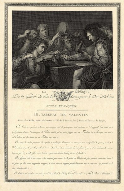 Die Musik. Gravur der Galerie Seiner Exzellenz des Herzogs von Orléans nach einem Gemälde des Malers Le Valentin von Unbekannter Künstler