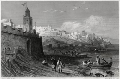 Der malerische Hafen der befestigten Stadt Tanger im 19. Jahrhundert, im Buch über das Mittelmeer von Louis Enault (1824-1900), einem französischen Journalisten und Reisenden. Louis Enault, LA MEDITERRANEE SES ILES ET SES BORDS, Morizot von Unbekannt