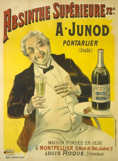 Ein Mann sitzt auf einer Bistroterrasse und lacht, während er ein Glas Absinth trinkt von Unbekannt