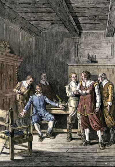 Vereinigte Staaten, Massachusetts: Streit zwischen John Winthrop (1588-1649) und Thomas Dudley (1576-1653) in der Massachusetts Bay Colony. Farbgravur aus dem 19. Jahrhundert von Unbekannter Künstler