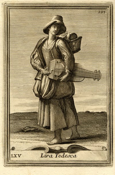 Frau spielt das alte Rad (oder "Lira tedesca" oder "ghironda"). In "Gabinetto Armonico" von Filippo Bonanni, Rom von Unbekannter Künstler