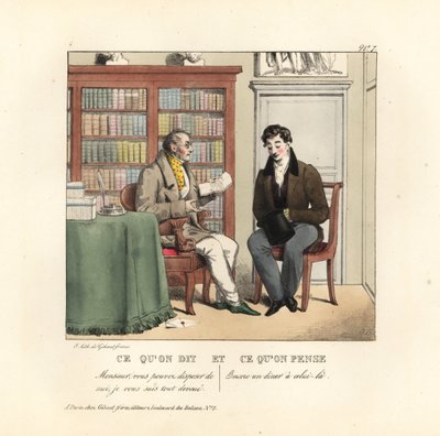 Junger Herr im Arbeitszimmer eines Beraters, der einen Brief liest. Er sagt: Ich stehe Ihnen ganz zur Verfügung. Er denkt: Ein weiteres kostenloses Abendessen! Handkolorierte Lithographie der Gebrüder Gihaut nach einer Illustration des Schweizer Künstlers  von Unbekannter Künstler