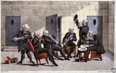 Amateure spielen eine Courante, französische Karikatur gegen Ärzte (halten Spritzen und Nachttöpfe als Musikinstrumente) und das Abführmittel im 18. Jahrhundert, Gravur von Elgelmann, ca. 1830 von Unbekannter Künstler