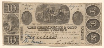 Banknote über 10 $ ausgestellt von der Chesapeake and Ohio Company mit Vignette von Trumbull von Unknown