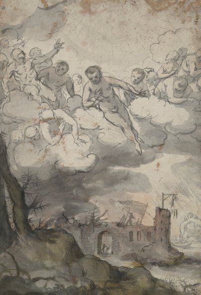 Himmlische Figuren über einer von Tod und Teufel verwüsteten Burg von Unknown