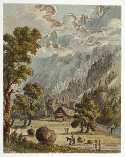 Chalet und Garten unterhalb der Alpen (recto); Dorf & Gletscher du Boissons, Chamix (verso) von Unknown