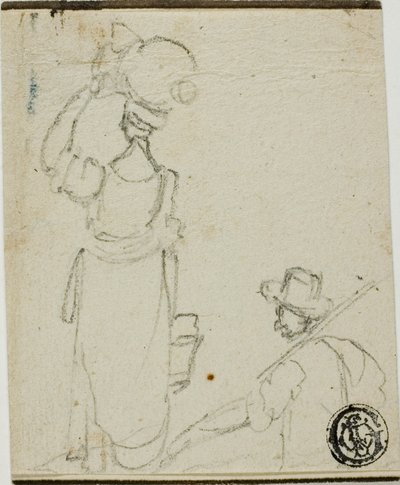 Mann mit Stange folgt Frau mit Krug auf dem Kopf von Unknown