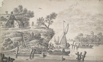 Flusslandschaft mit hohem Ufer links von Unknown