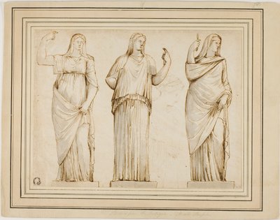 Drei römische Statuen von drapierten weiblichen Figuren und Skizze einer weiteren Statue im Profil nach rechts von Unknown